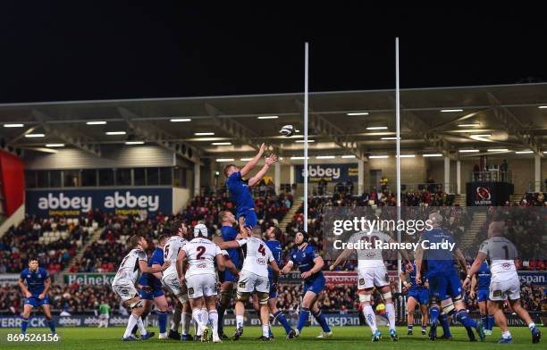 Belfast , United Kingdom - 28 October 2017; Jordi Murphy of Leinster wins possession in a lineout during the Guinness PRO14 Round 7 match between...