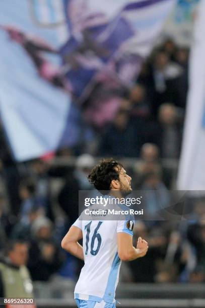 Marco Parolo of SS Lazio celebrates the opening goal during the UEFA Europa League group K match between Lazio Roma and OGC Nice at Stadio Olimpico...