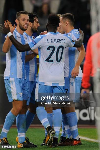 Marco Parolo of SS Lazio celebrates the opening goal during the UEFA Europa League group K match between Lazio Roma and OGC Nice at Stadio Olimpico...