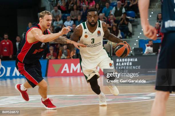 Panathinaikos American forward KC Rivers vies with Baskonia Latvian forward Janis Timma during the 2017/2018 Turkish Airlines EuroLeague Regular...