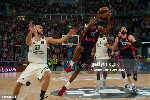 Baskonia French forward Rodrigue Beaubois drives to the basket during the 2017/2018 Turkish Airlines EuroLeague Regular Season game between Baskonia...