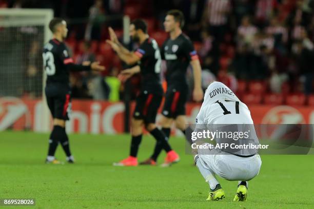 Ostersunds' English midfielder Curtis Edwards reacts at the end of the UEFA Europa League group I football match Vitoria SC vs Marseille at the D....