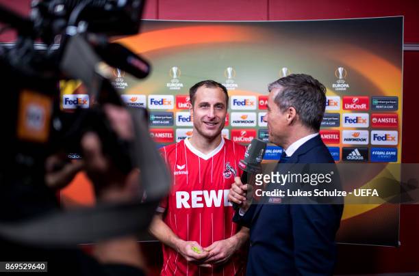 Matthias Lehmann of Koeln smiles during an interview after the UEFA Europa League group H match between 1. FC Koeln and BATE Borisov at...