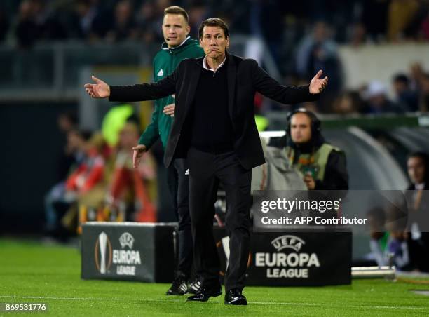 Marseille's coach Rudi Garcia reacts during the UEFA Europa League group I football match Vitoria SC vs Marseille at the D. Afonso Henriques stadium...