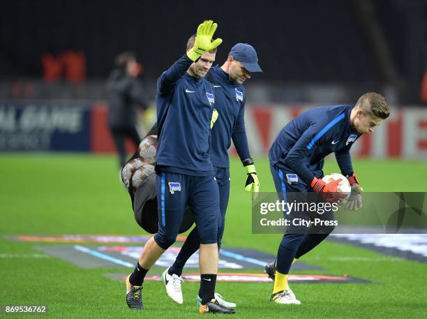 Thomas Kraft, goalkeepertrainer Zsolt Petry and Jonathan Klinsmann of Hertha BSC before the game between Hertha BSC and Zorya Luhansk on november 2,...