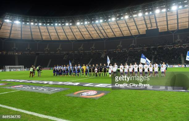 Teams with entry children before the game between Hertha BSC and Zorya Luhansk on november 2, 2017 in Berlin, Germany.