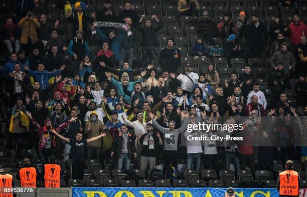 Fans of FC Zorya Luhansk during the game between Hertha BSC and Zorya Luhansk on november 2, 2017 in Berlin, Germany.