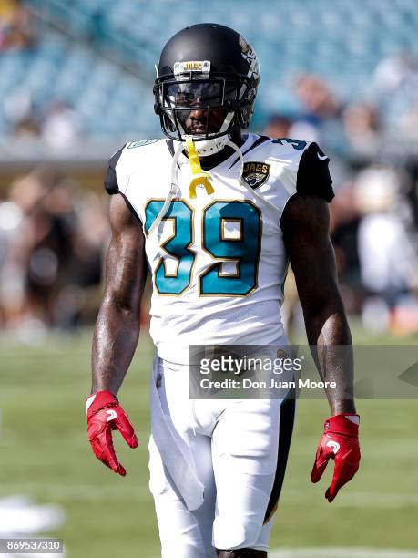 Safety Tashaun Gipson of the Jacksonville Jaguars during warm-ups before the game against the Los Angeles Rams at EverBank Field on October 15, 2017...