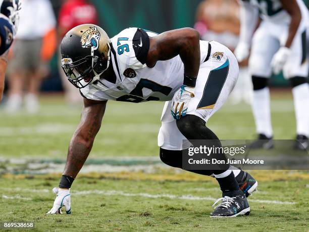 Defensive Tackle Malik Jackson of the Jacksonville Jaguars during the game against the Los Angeles Rams at EverBank Field on October 15, 2017 in...