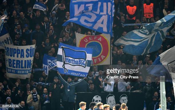Fans of Hertha BSC after the game between Hertha BSC and Zorya Luhansk on November 2, 2017 in Berlin, Germany.