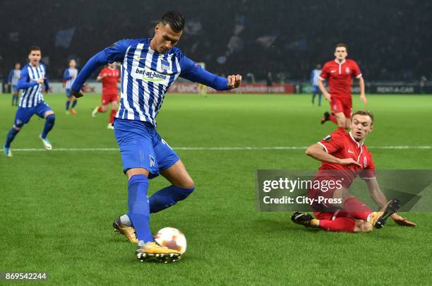 Davie Selke of Hertha BSC and Oleksandr Karavaev of FC Zorya Luhansk during the game between Hertha BSC and Zorya Luhansk on November 2, 2017 in...