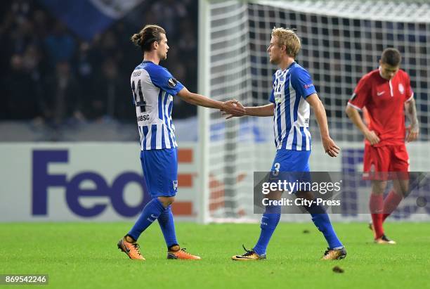 Valentin Stocker and Per Skjelbred of Hertha BSC after the game between Hertha BSC and Zorya Luhansk on November 2, 2017 in Berlin, Germany.