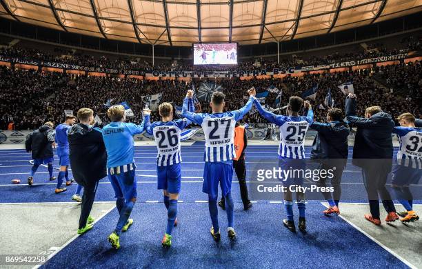 Niklas Stark, Mitchell Weiser, Alexander Esswein, Arne Maier, Davie Selke, Jordan Torunarigha and Valentino Lazaro of Hertha BSC after the game...