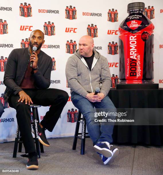 S Shareholder Kobe Bryant and UFC President Dana White speak onstage during a new partnership announcement by Kobe Bryant and BODYARMOR Sports Drink...