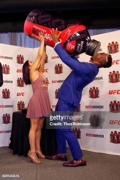 Fighters Cynthia Calvillo and Francis Ngannou attend a new partnership announcement by Kobe Bryant and BODYARMOR Sports Drink with four UFC fighters,...