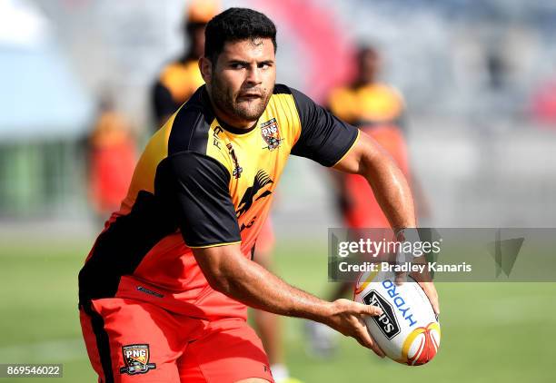 Rhys Martin looks to pass during a Papua New Guinea Kumuls Rugby League World Cup training session at the Oil Search National Football Stadium on...