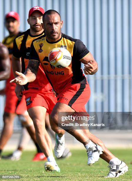 Paul Aiton passes the ball during a Papua New Guinea Kumuls Rugby League World Cup training session at the Oil Search National Football Stadium on...