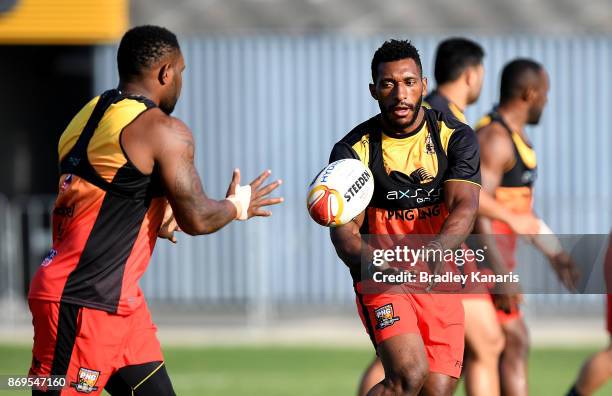 Nixon Put passes the ball during a Papua New Guinea Kumuls Rugby League World Cup training session at the Oil Search National Football Stadium on...