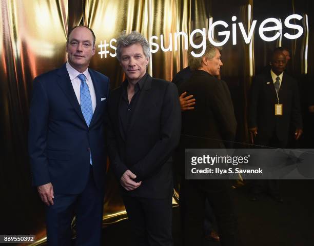 President and CEO Samsung Electronics North America Tim Baxter and Jon Bon Jovi attend the Samsung annual charity gala 2017 at Skylight Clarkson Sq...
