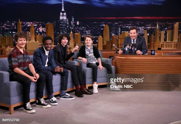 Episode 0767 -- Pictured: Gaten Matarazzo, Caleb McLaughlin, Finn Wolfhard, and Noah Schnapp from the cast of "Stranger Things" with host Jimmy...