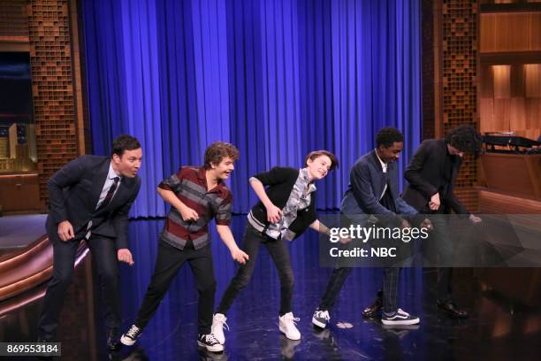 Episode 0767 -- Pictured: Host Jimmy Fallon, Gaten Matarazzo, Noah Schnapp, Caleb McLaughlin, Finn Wolfhard from the cast of "Stranger Things" during...