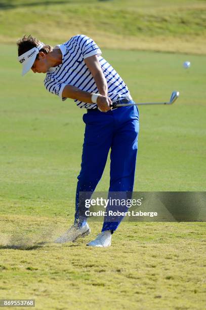 Smylie Kaufman hits his approach shot on the ninth hole during the first round of the Shriners Hospitals For Children Open at TPC Summerlin on...