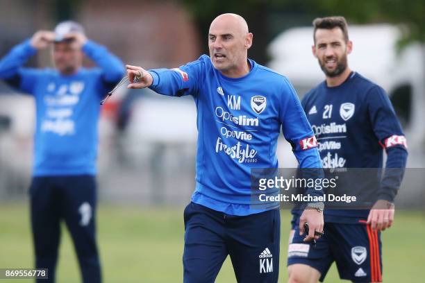 Victory head coach Kevin Muscat shouts instructions during a Melbourne Victory A-League training session at Gosch's Paddock on November 3, 2017 in...