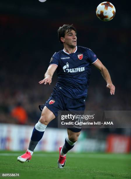 Filip Stojkovic of Red Star Belgrade during the UEFA Europa League group H match between Arsenal FC and Crvena Zvezda at Emirates Stadium on November...