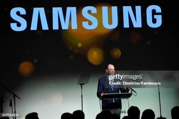 President and CEO Samsung Electronics North America Tim Baxter speaks onstage during the Samsung annual charity gala 2017 at Skylight Clarkson Sq on...