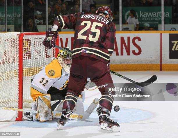 Justin Fazio of the Sarnia Sting gets set to stop a scoring attempt by Nikita Korostelev of the Peterborough Petes during an OHL game at the...