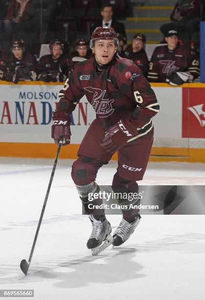 Austin Osmanski of the Peterborough Petes skates against the Sarnia Sting during an OHL game at the Peterborough Memorial Centre on November 2, 2017...