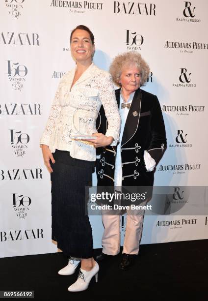 Yana Peel, winner of the Contribution To The Arts award, and Maggi Hambling attend Harper's Bazaar Women of the Year Awards in association with Ralph...