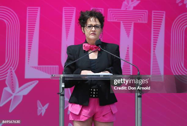 Mardi Gras Arts CEO Terese Casu addresses media during the Sydney Gay and Lesbian Mardi Gras 40th Anniversary Program Launch at Sydney Opera House on...