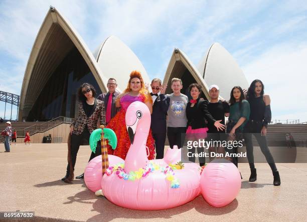 Paul Capsis, Greg Clarke, Trevor Ashley, Todd McKenney, Joel Creasey, Terese Casu pose alongside dancers during the Sydney Gay and Lesbian Mardi Gras...