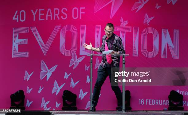 Mardi Gras Creative Director Greg Clarke addresses media during the Sydney Gay and Lesbian Mardi Gras 40th Anniversary Program Launch at Sydney Opera...