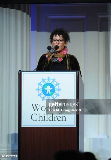 Presenter Mariane Pearl speaks on stage during World of Children Awards 2017 at 583 Park Avenue on November 2, 2017 in New York City.