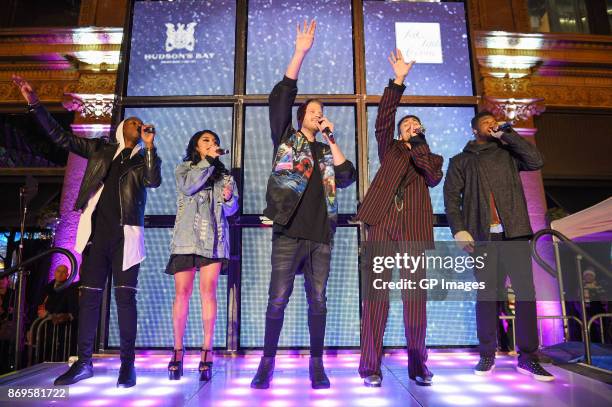 Matt Sallee, Kirstin Maldonado, Scott Hoying, Mitch Grassi and Kevin Olusola of Pentatonix perform at Hudson's Bay And Saks Fifth Avenue Kick Off The...