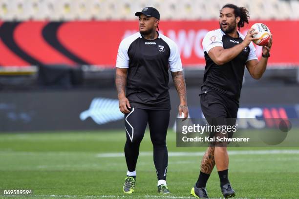 Addin Fonua-Blake and Adam Blair of the Kiwis look on during a New Zealand Kiwis Rugby League World Cup training session at AMI Stadium on November...