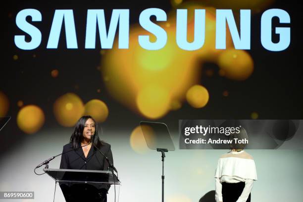 Angela Cox and Jacey Raimondo speak onstage at the Samsung annual charity gala 2017 at Skylight Clarkson Sq on November 2, 2017 in New York City.