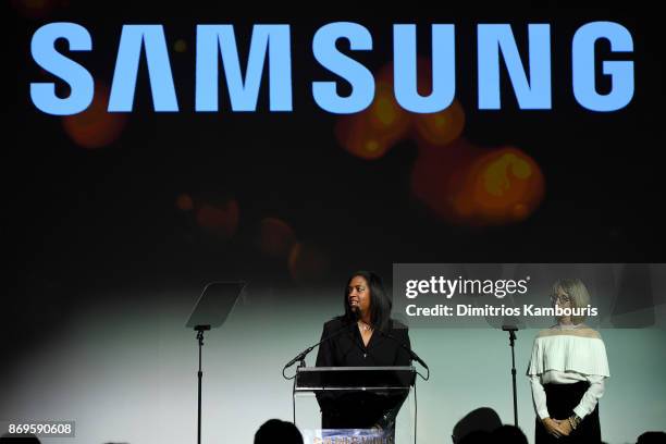 Angela Cox and Jacey Raimondo speak onstage at the Samsung annual charity gala 2017 at Skylight Clarkson Sq on November 2, 2017 in New York City.