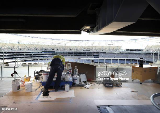 Construction work continues inside The New Perth Stadium on November 3, 2017 in Perth, Australia. The 60,000 seat multi-purpose Stadium features the...