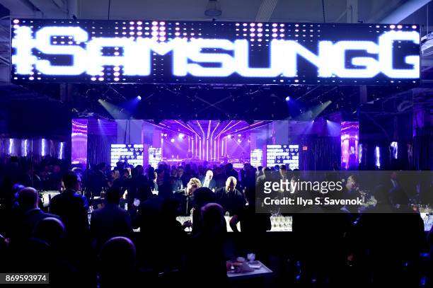 View of the bar and stage at the Samsung annual charity gala 2017 at Skylight Clarkson Sq on November 2, 2017 in New York City.