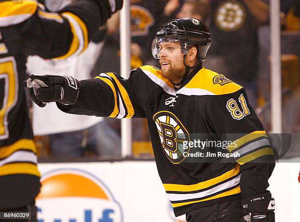 Phil Kessel the Boston Bruins celebrates his goal against the Carolina Hurricanes during Game Five of the Eastern Conference Semifinal Round of the...