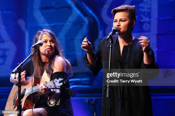 Victoria Venier and Tabitha Fair of the duo 'TnT'perform during 'Best Buddies Unplugged' at Franklin Theatre on November 2, 2017 in Franklin,...