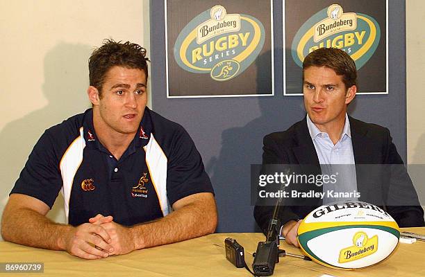 James Horwill, Tim Horan and Berrick Barnes speak during the Wallabies 2009 International Test Season Launch at Suncorp Stadium on May 11, 2009 in...