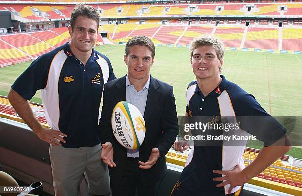 James Horwill, Tim Horan and Berrick Barnes pose for a photo during the Wallabies 2009 International Test Season Launch at Suncorp Stadium on May 11,...