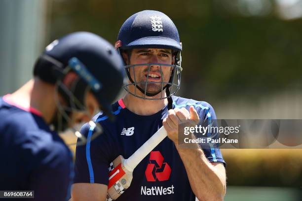 Alistair Cook of England looks on during an England Ashes series nets session at the WACA on November 3, 2017 in Perth, Australia.