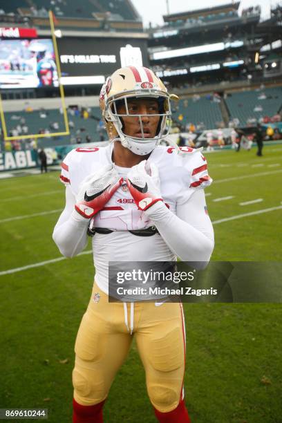Leon Hall of the San Francisco 49ers stands on the field prior to the game against the Philadelphia Eagles at Lincoln Financial Field on October 29,...