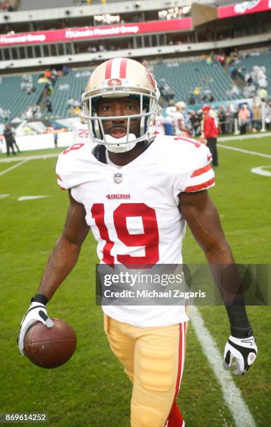 Aldrick Robinson of the San Francisco 49ers stands on the field prior to the game against the Philadelphia Eagles at Lincoln Financial Field on...