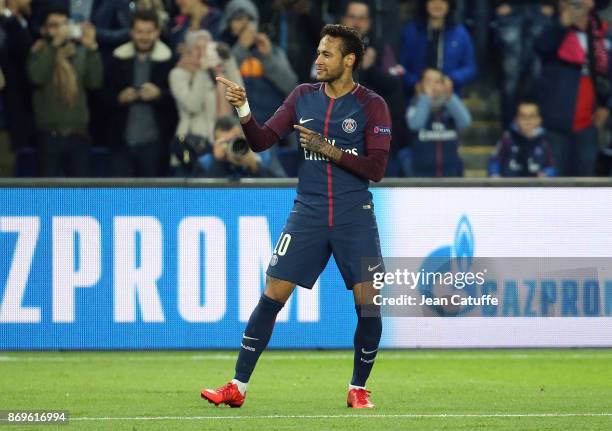 Neymar Jr of PSG celebrates his goal during the UEFA Champions League group B match between Paris Saint-Germain and RSC Anderlecht at Parc des...